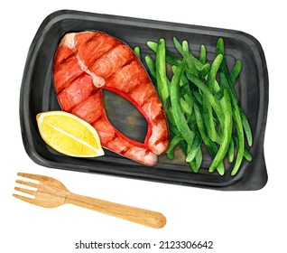 Salmon with string beans in a takeaway box. Proposal of the menu in public catering with delivery. Watercolor illustration