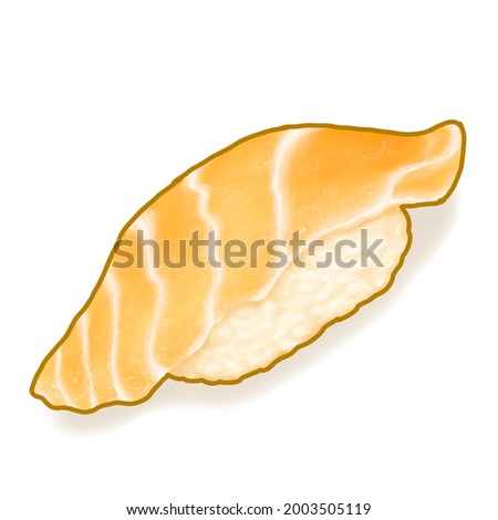 Salmon sushi, a digital painting of Japanese sushi rice with slided salmon fish topping seafood raster 3D illustration isolated on white background.