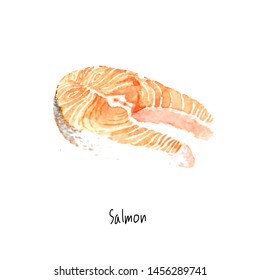 Salmon Watercolor Background Hand Drawn Sketch Painted Of Fish Fresh Isolated On White Background. Salmon Slice Illustration Of Healthy Food Painted Watercolour Vintage Design Artwork Food Logo Icon .