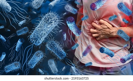 Salmonella Poisoning Bacteria Outbreak Concept And Bacterial Infection As A Microscopic Background With Dangerous Foodborne Disease As A Person Suffering With Stomach Pain With 3D Render Elements.