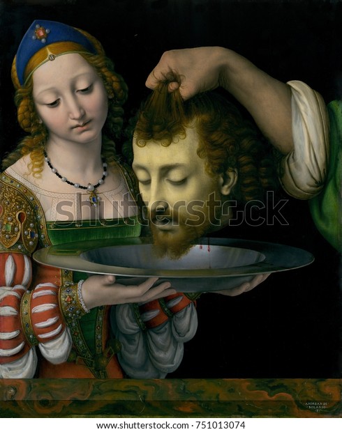 SALOME WITH HEAD OF JOHN THE BAPTIST, by\
Andrea Solario, 1490-1524, Italian Renaissance oil painting. There\
is dramatic contrast between Salome\x90s beauty and jewels and\
Baptists gruesome\
decapitated