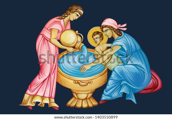 Salome and the midwife Geloma, bathing the infant Jesus. Christmas religious illustration - fresco in Byzantine style 