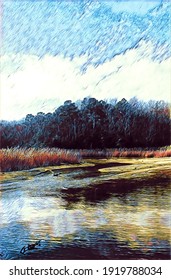 Salt Marsh, Chesapeake Bay Shoreline, Illustration