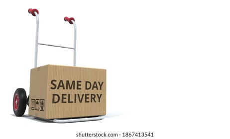 Same day delivery text on cardboard box loaded on a delivery cart.  animation 3D rendering