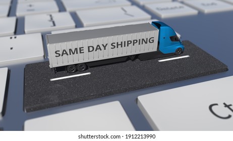Same day shipping text on the truck driving on the keyboard key. conceptual looping  animation 3D rendering