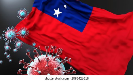 Samoa And The Covid Pandemic - Corona Virus Attacking National Flag Of Samoa To Symbolize The Fight, Struggle And The Virus Presence In This Country, 3d Illustration