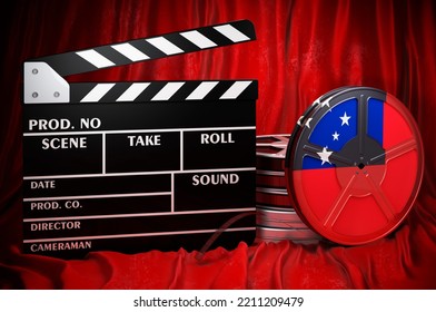 Samoan Cinematography, Film Industry, Cinema In Samoa, Concept. Clapperboard With And Film Reels On The Red Fabric, 3D Rendering