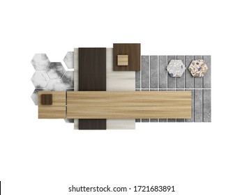 Samples of finishing materials for interior design. Laminate, ceramic tile, marble, isolated on white background. 3d render.