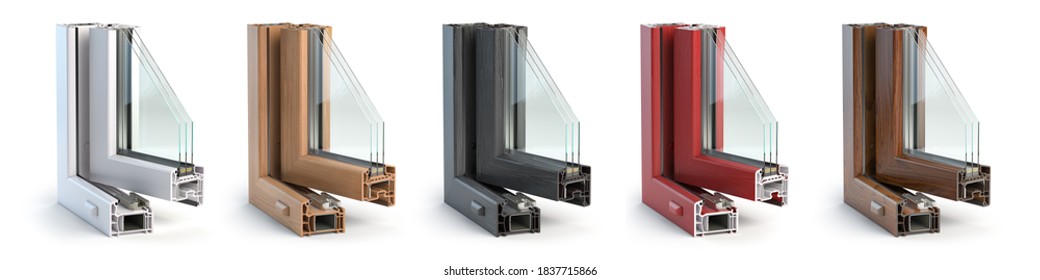 Samples of plastic window profiles PVC of different colors in section isolated on white background. 3d illustration