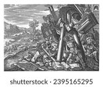 Samson destroys the columns of the temple, Antonie Wierix (II), after Maerten de Vos, 1585 Samson destroys the columns of the temple with his last strength and thus kills himself.