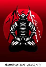 A samurai in armor sits in a lotus position against the backdrop of a sunset and a boombook. 2D illustration
