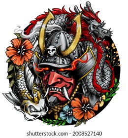 Samurai Helmet, Dragon, Fish And Flower