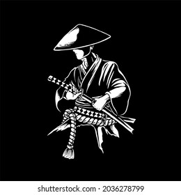 samurai with his swords related bold type illustration