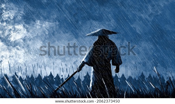 A samurai with a katana stands ready to\
fight against a huge army. 2D illustration. 2D illustration,\
digital art style, illustration\
painting	\
