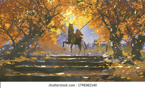 samurai riding a horse in the autumn forest, digital art style, illustration painting