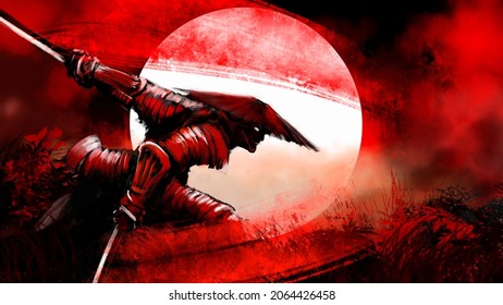 The samurai rushes into battle, swinging swords on the battlefield, around him is grass and fog behind him is the moon, blood is dripping from the katana