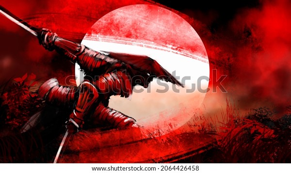 The samurai rushes into battle,\
swinging swords on the battlefield, around him is grass and fog\
behind him is the moon, blood is dripping from the\
katana