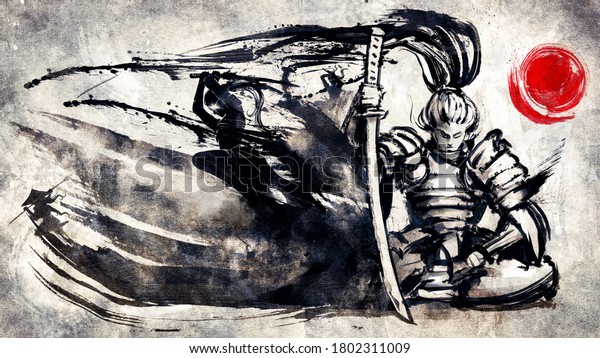 The samurai sits in a\
meditative pose, an ink army of samurai escaping from his blade. 2D\
illustration.\

