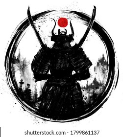 A samurai standing with his back to the viewer with two Katanas crossed at his chest. It is equipped in Japanese armor, circled in a circle. drawn in ink. 2D illustration.
