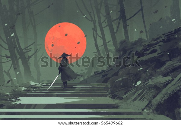 赤い月を背景に夜間の森の階段に立つ侍 イラトス絵 のイラスト素材