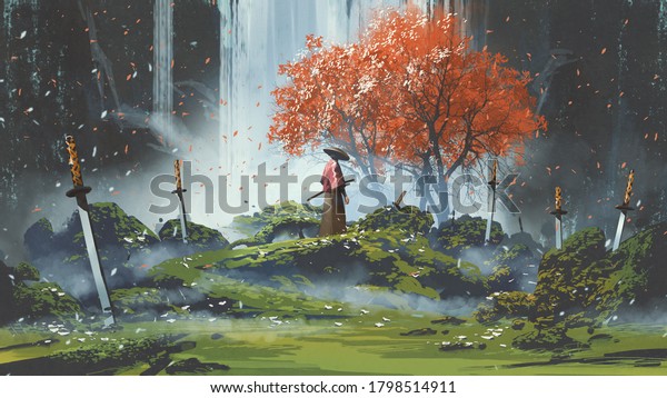 samurai standing in\
waterfall garden with swords on the ground, digital art style,\
illustration\
painting