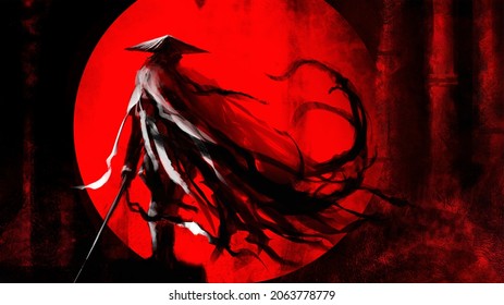 A samurai stands at night with a katana in his hand, he has a bamboo hat on his head, his torn cloak unfolds in the wind, behind him is a huge red moon