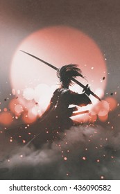 Samurai With Sword Standing On Sunset Background,illustration Painting