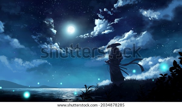 samurai with\
swords and kasa stands against the background of the night starry\
sky with clouds. The moon is reflected in the river, fireflies\
shine, mountains in the distance\

