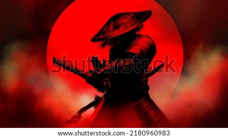 Samurai takes out a katana while reciting a prayer, there is a red moon behind him, fog around him, and he has a bamboo hat on his head. 2D illustration