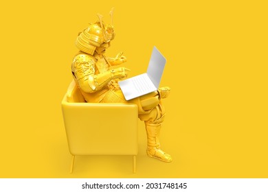 Samurai In Traditional Armor Sitting With Laptop. Technology Concept. 3D Rendering