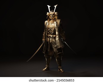 A samurai wearing golden armor and holding a sword in each hand. 3D illustration.