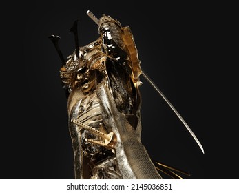A Samurai Wearing Golden Armor And Wielding A Sword. 3D Illustration.