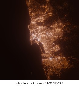 San Diego (California, USA) Street Lights Map. Satellite View On Modern City At Night. Imitation Of Aerial View On Roads Network. 3d Render, High Resolution