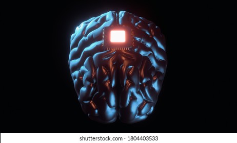 San Francisco, USA - august 28, 2020: Neuralink product presentation. Brain to computer interface 3d illustration