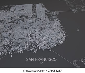 San Francisco, Usa, Satellite Map View, Map In Negative, 3d Roads And Buildings