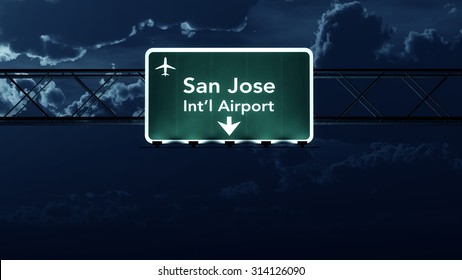 San Jose USA Airport Highway Sign At Night 3D Illustration