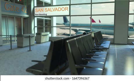 San Salvador flight boarding now in the airport terminal  Travelling to El Salvador conceptual 3D rendering