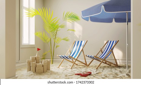 Sand From The Beach With A Deck Chair At Home As A Quarantine Vacation Concept During Coronavirus Lockdown (3D Rendering)