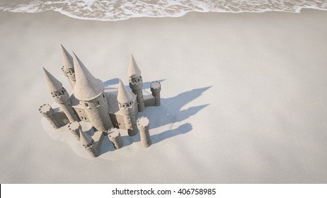 Sand Castel On Beach Background Wave Above. 3d Rendering