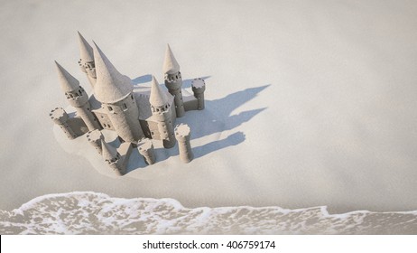 Sand Castel On Beach Background Wave Below. 3d Rendering