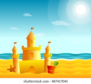 Sand Castle On Beach Seascape Illustration Stock Illustration 487417045 ...