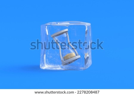 Sand clock in ice cube. 3d illustration