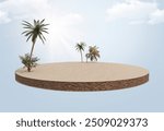 Sand desert and green grass surface and soil and mobile phone with floating slice of land. Soil texture and flying land grass texture. 3d rendered, Floating in air with clouds and manipulation.