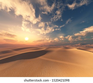 
Sand Desert At Sunset Under The Sky With Clouds. . 3d Rendering.