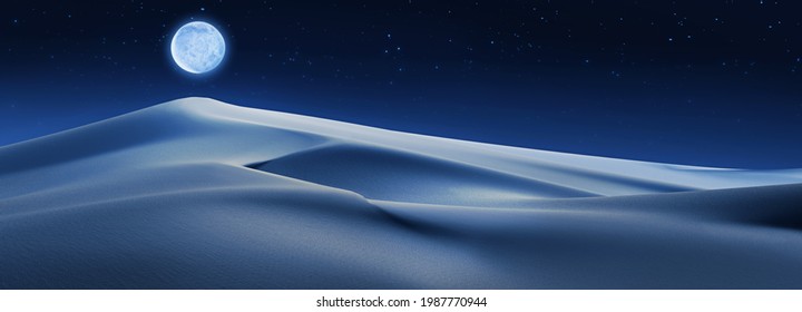 Sand Dunes In A Desert 3D Illustration Night Landscape With A Full Moon