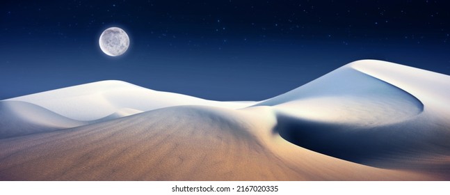 Sand Dunes In A Desert 3D Illustration Night Aesthetic Landscape, With Clear Sky, Stars And A Full Moon