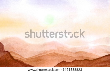 Sand dunes. Hand-drawn watercolor desert. Landscape illustration, sunset, fields, hills.
