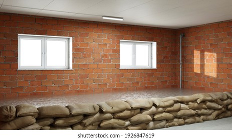 Sandbag Dike As Protection Against Flooding In The Flooded Basement (3d Rendering)