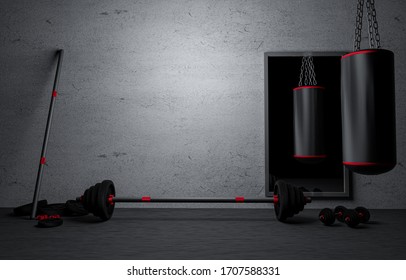 Sandbag with dumbbells  and Barbells color black in fitness room at home. Gray Plaster and dirty old wall. Fitness equipment for workout in Gym.Barbell with weights plate on floor. 3D rendering - Powered by Shutterstock