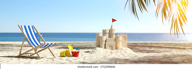 Sandcastle next to beach chair on Caribbean beach during summer vacation (3D Rendering)